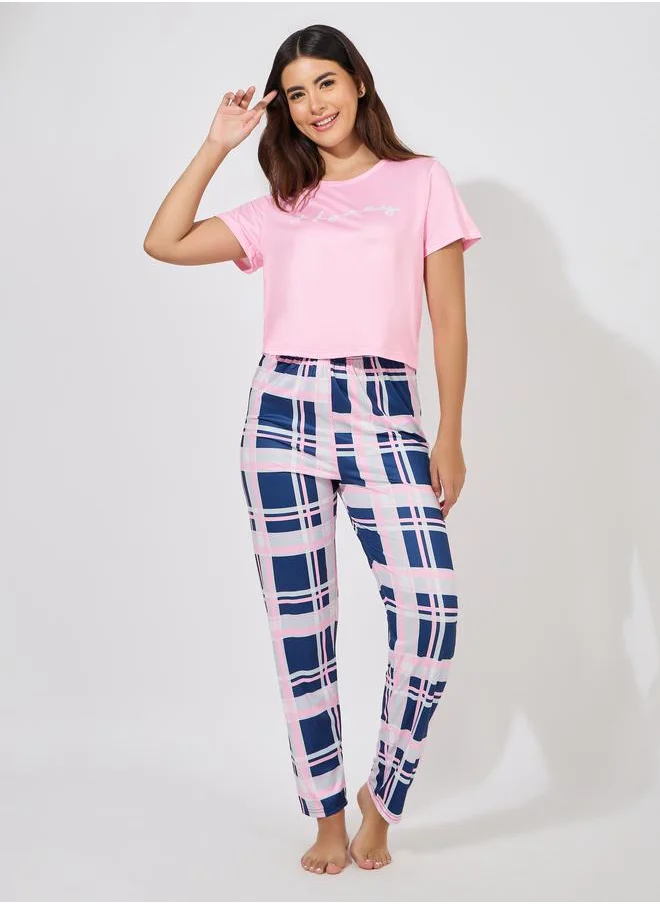 Styli Slogan Print T-Shirt & Check Print Pyjama Set