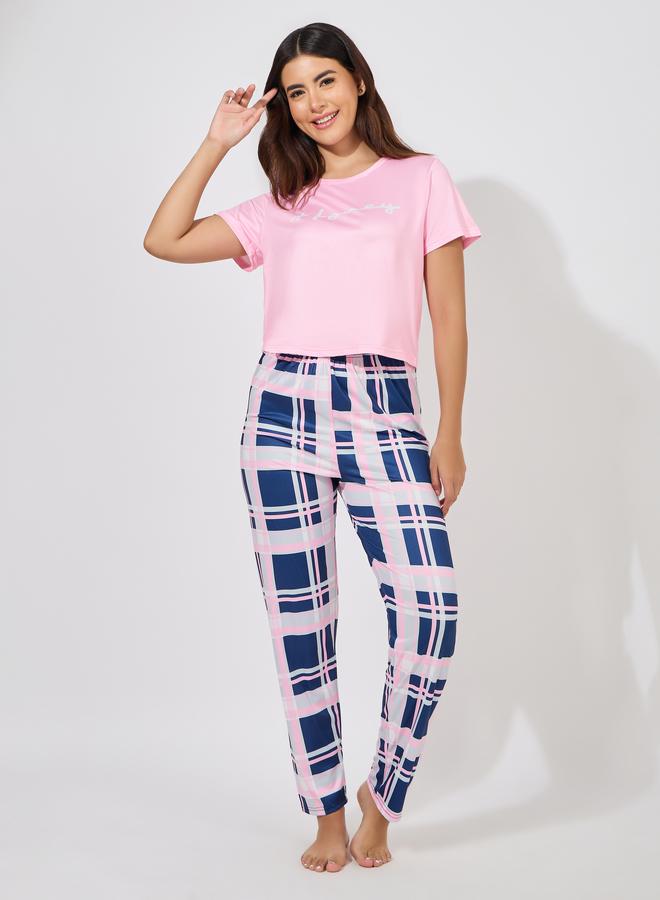 Styli Slogan Print T-Shirt & Check Print Pyjama Set  - Image 2