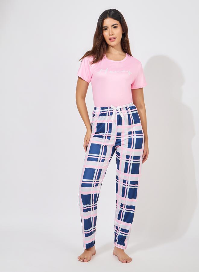 Styli Slogan Print T-Shirt & Check Print Pyjama Set  - Image 1