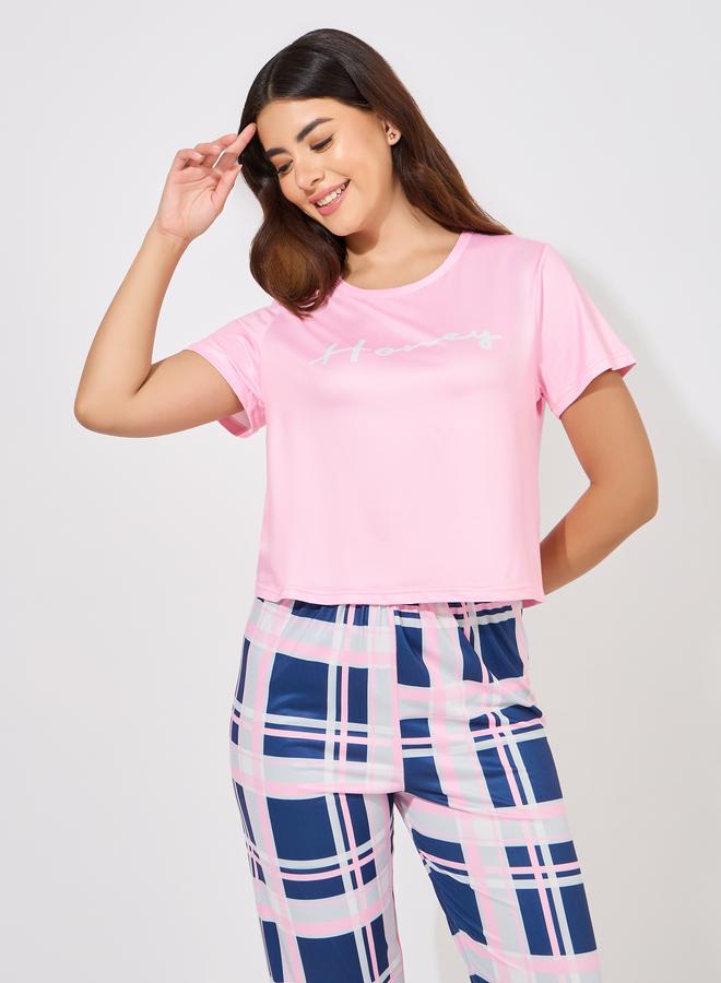 Styli Slogan Print T-Shirt & Check Print Pyjama Set  - Image 3