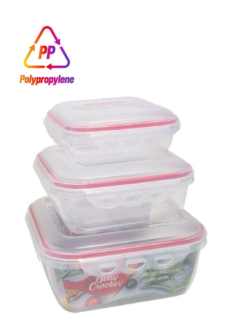 3-Piece High-Quality Polypropylene Square Food Storage Container Set Clear and Red 10 x 18 x 25.5 cm BC5024