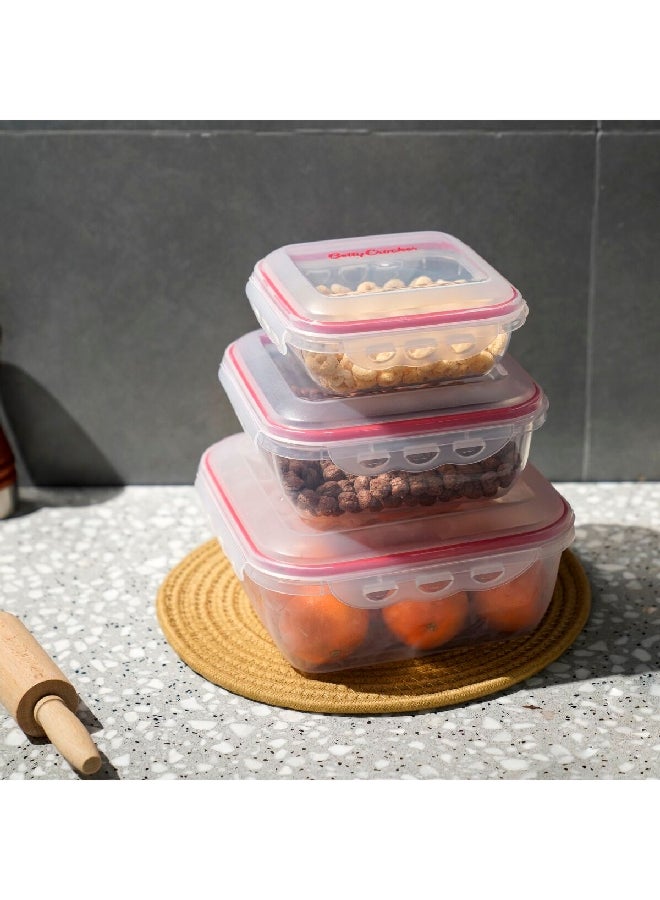 3-Piece High-Quality Polypropylene Square Food Storage Container Set Clear and Red 10 x 18 x 25.5 cm BC5024
