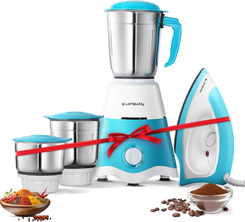 Longway Super Dlx Mixer Grinder with Kwid 1100W Dry Iron | Up to 700 Watt Powerful Motor | 3 Jars for Grinding, Mixing, Juicing | 2 Year Warranty (Blue & White, Combo Offer) - Image 1