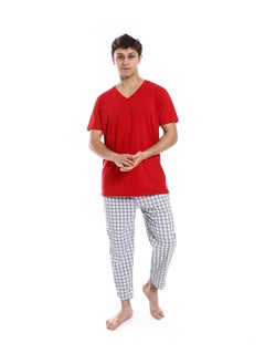 Short Sleeve Checkered Pattern Pants Pajama Set _ Red & Gray
