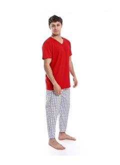 Andora طقم بيجامة بنطال بأكمام قصيرة ونمط مربعات _ أحمر ورمادي  - Image 4
