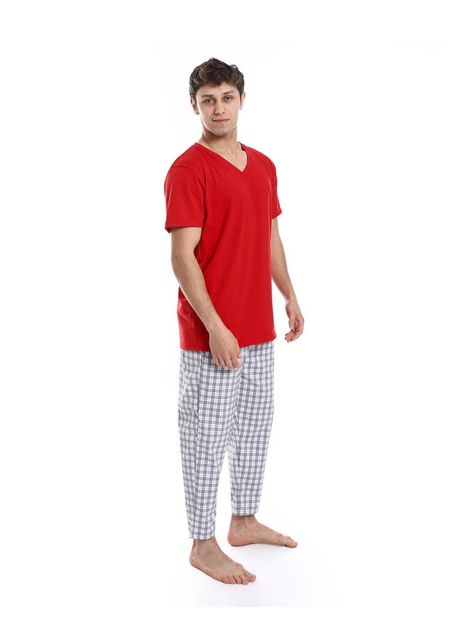 Andora - Short Sleeve Checkered Pattern Pants Pajama Set _ Red & Gray - Image 1