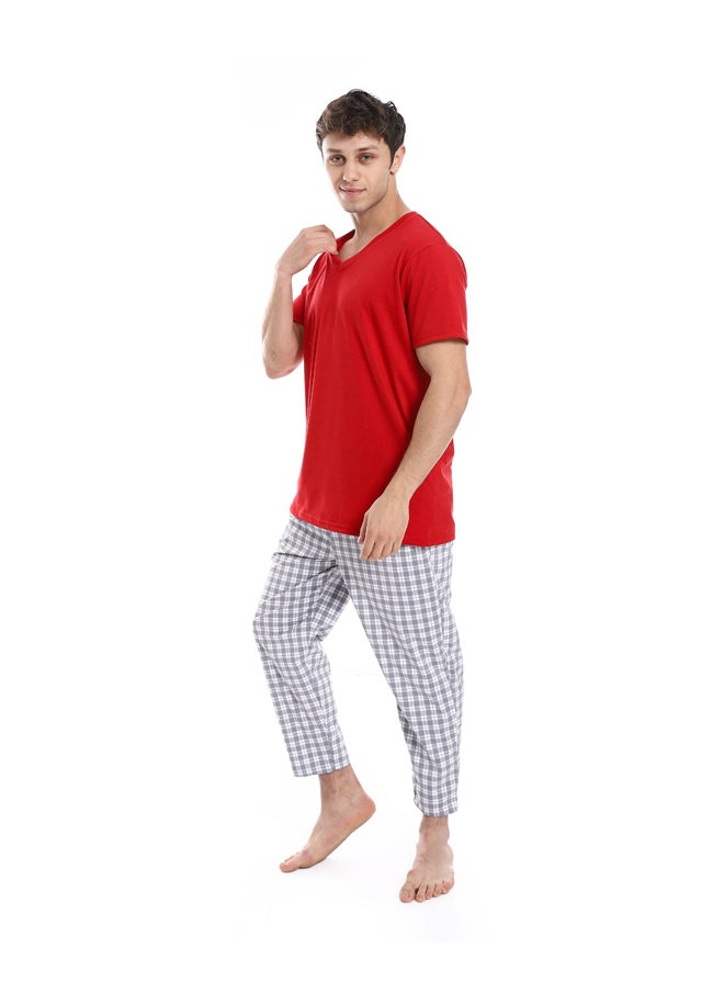 Andora - Short Sleeve Checkered Pattern Pants Pajama Set _ Red & Gray - Image 1