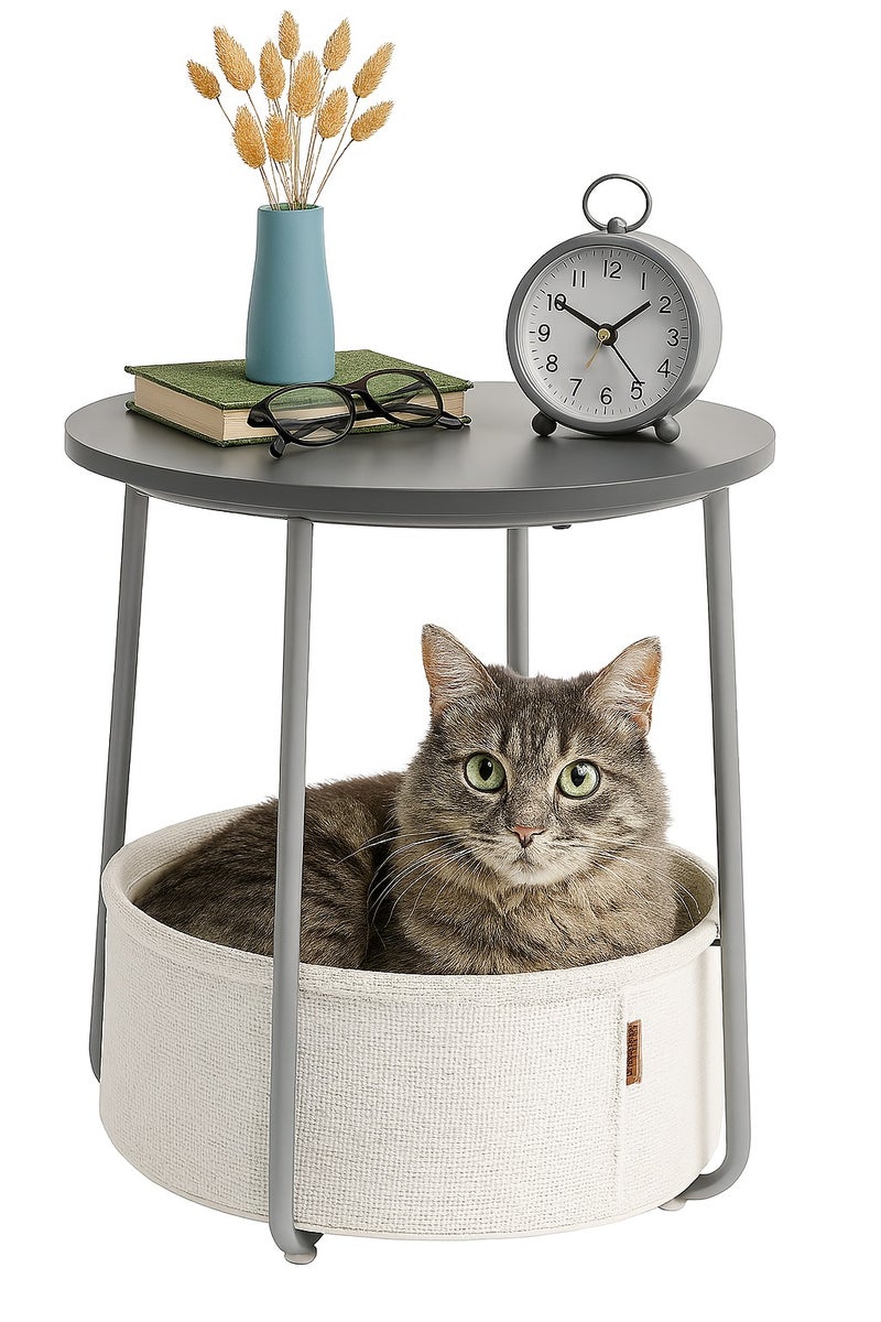 Lovstro Grey Round Side Table / Bedside Nightstand with Storage Basket – Modern Wood & Metal End Table for Living Room or Bedroom – 44×44×49 cm - Image 4