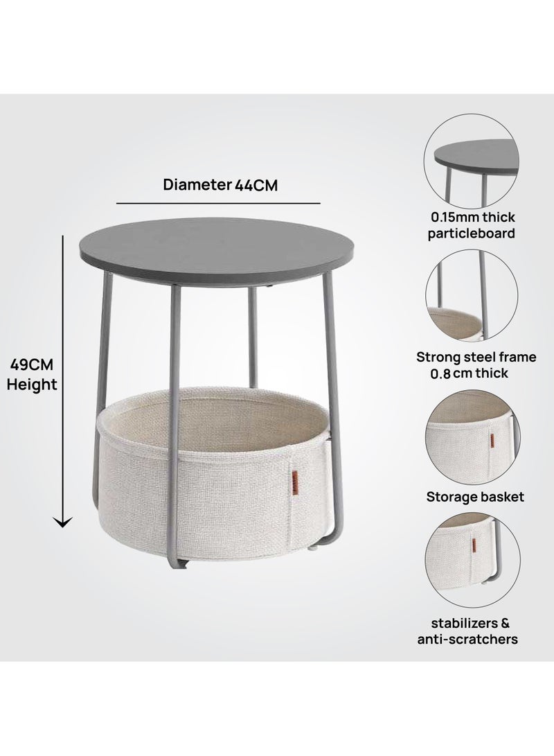 Lovstro Grey Round Side Table / Bedside Nightstand with Storage Basket – Modern Wood & Metal End Table for Living Room or Bedroom – 44×44×49 cm - Image 5