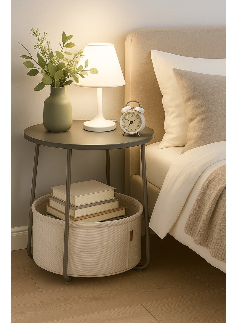 Lovstro Grey Round Side Table / Bedside Nightstand with Storage Basket – Modern Wood & Metal End Table for Living Room or Bedroom – 44×44×49 cm - Image 1