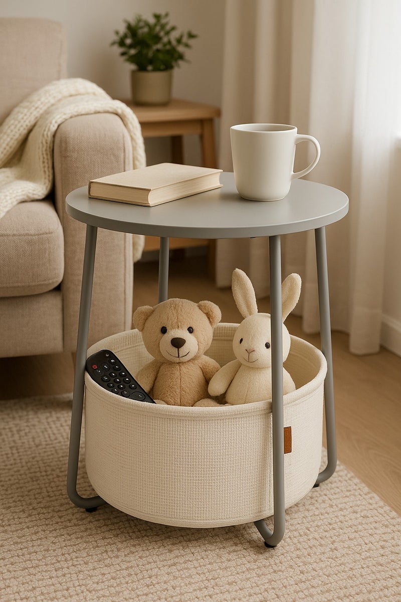 Lovstro Grey Round Side Table / Bedside Nightstand with Storage Basket – Modern Wood & Metal End Table for Living Room or Bedroom – 44×44×49 cm - Image 2