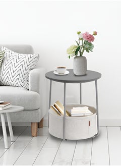Lovstro Round Side Table with Storage Basket, Laptop End table, Corner Wood Table for Living Room, Bedroom Nightstand 44x44x49cm (Grey)  - Image 1