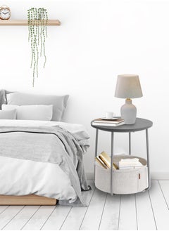 Lovstro Round Side Table with Storage Basket, Laptop End table, Corner Wood Table for Living Room, Bedroom Nightstand 44x44x49cm (Grey)  - Image 3