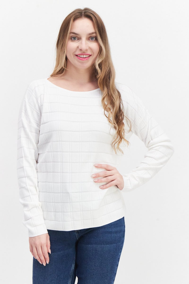 Zero Women Boat Neck Long Sleeve Textured Sweater, White - Image 1