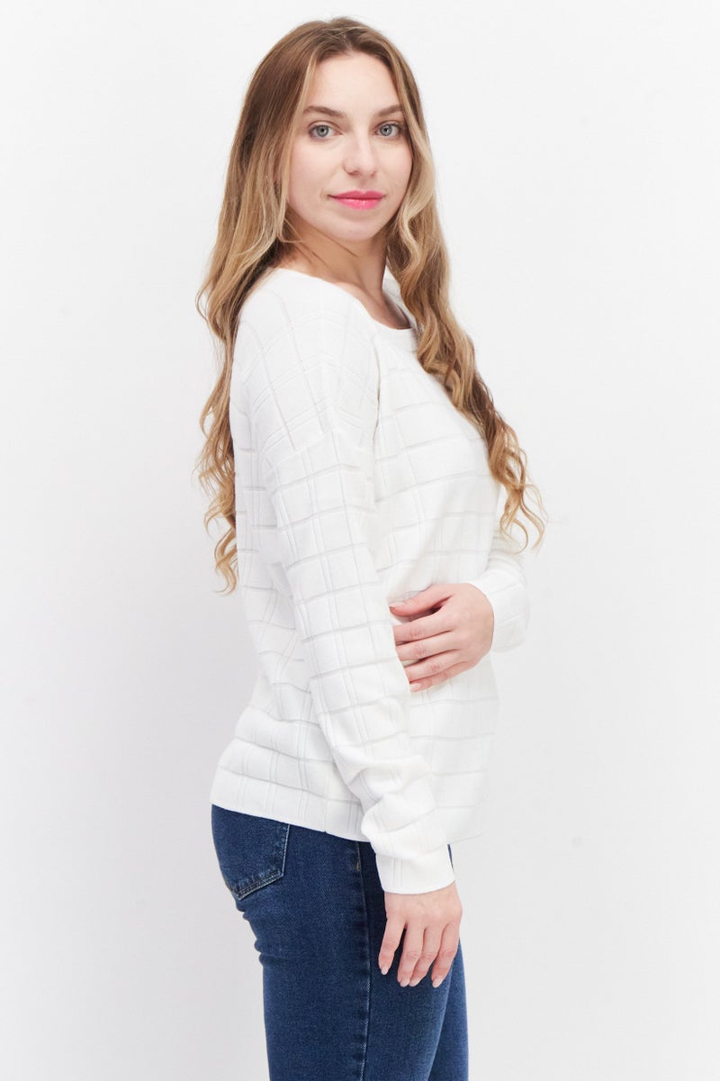 Zero Women Boat Neck Long Sleeve Textured Sweater, White - Image 3