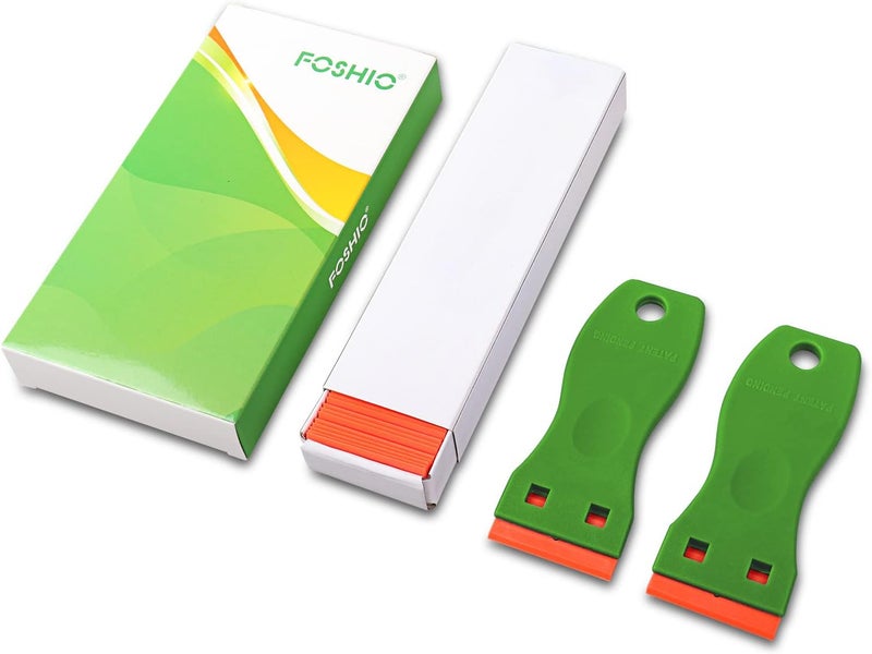 FOSHIO 2PCS Green Plastic Razor Sticker Remover Paint Scrapers with Contoured Grip + 100 PCS 1.5 inch Refillable Double Edge Plastic Razor Blades for Cleaning Adhesive Vinyl Decals Stickers Labels - Image 2