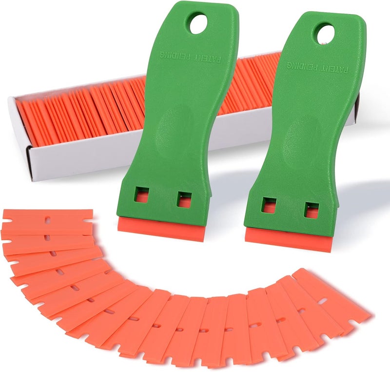 FOSHIO 2PCS Green Plastic Razor Sticker Remover Paint Scrapers with Contoured Grip + 100 PCS 1.5 inch Refillable Double Edge Plastic Razor Blades for Cleaning Adhesive Vinyl Decals Stickers Labels - Image 1