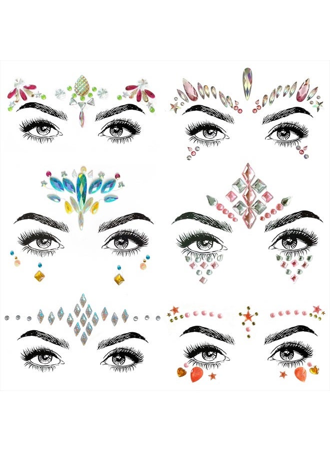 SHINEYES 6 Pcs Women Mermaid Face Gems Glitter, Rhinestone Rave Face Body Jewels Festival,Crystals Face Stickers, Eyes Face Body Temporary Tattoos - Image 1