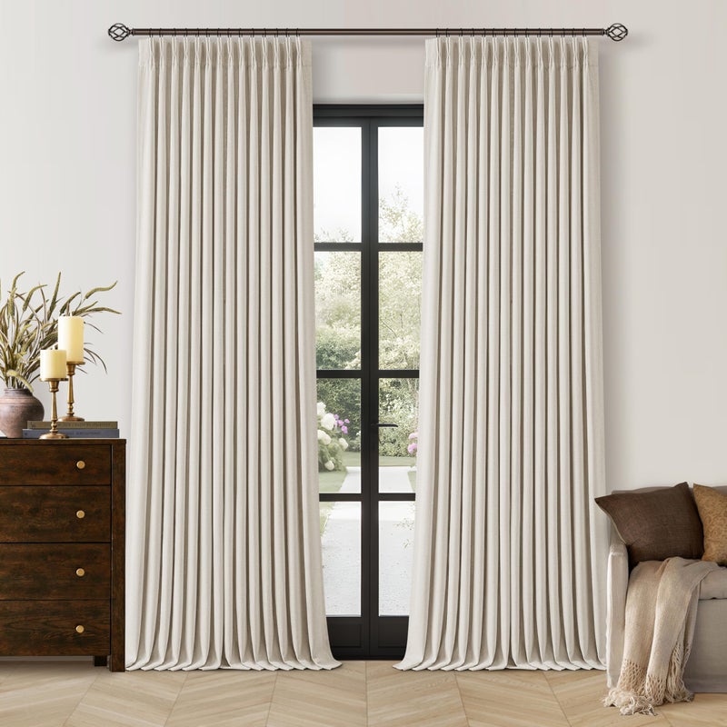 TWODRAPES 102 Inch Pinch Pleated Blackout Curtains for Bedroom 2 Panels Thick Linen Textured Memory Trained 100% Black Out Room Darkening Natural Cream Ivory Window Curtains Double Layer Pinch Pleat Drapes - Image 1
