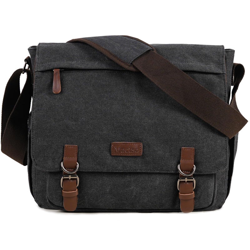 Mactso Canvas Messenger Bag for Men Women,Travel Satchel Shoulder bag 15.6 Inch Laptop Bags Business(Black-Upgrade) - Image 1