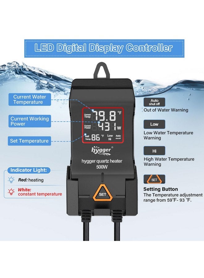 هايغر سخان حوض السمك hygger 300 واط 500 واط 800 واط 1000 واط 1200 واط، سخان حوض سمك كبير قابل للتعديل مع نظام إيقاف تشغيل تلقائي ذكي، سخان مياه بشاشة رقمية LED، للمياه المالحة والمياه العذبة - Image 2