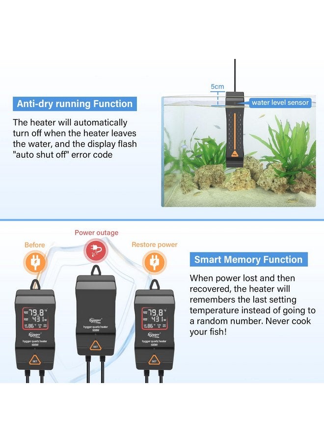 هايغر سخان حوض السمك hygger 300 واط 500 واط 800 واط 1000 واط 1200 واط، سخان حوض سمك كبير قابل للتعديل مع نظام إيقاف تشغيل تلقائي ذكي، سخان مياه بشاشة رقمية LED، للمياه المالحة والمياه العذبة - Image 3
