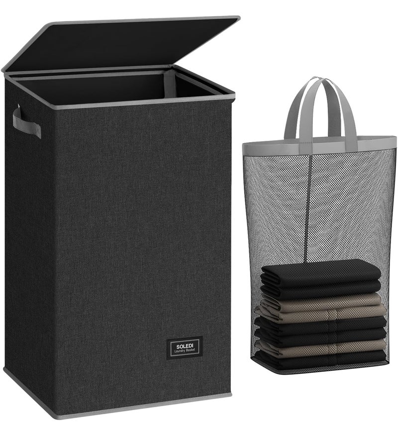 SOLEDI Laundry Hamper with Lid 90L Large & Tall Collapsible Laundry Basket, Clothes Hamper with Bag Removable Easy to Carry, Dirty Hampers for Bedroom, Bathroom, Dorm, College, Dark Grey - Image 1