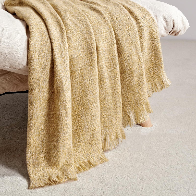 BOURINA Faux Cashmere Fringe Throw Blanket Decorative Lightweight Throw Soft Cozy for Bed or Sofa Outdoor Blanket 50 x 70 Yellow