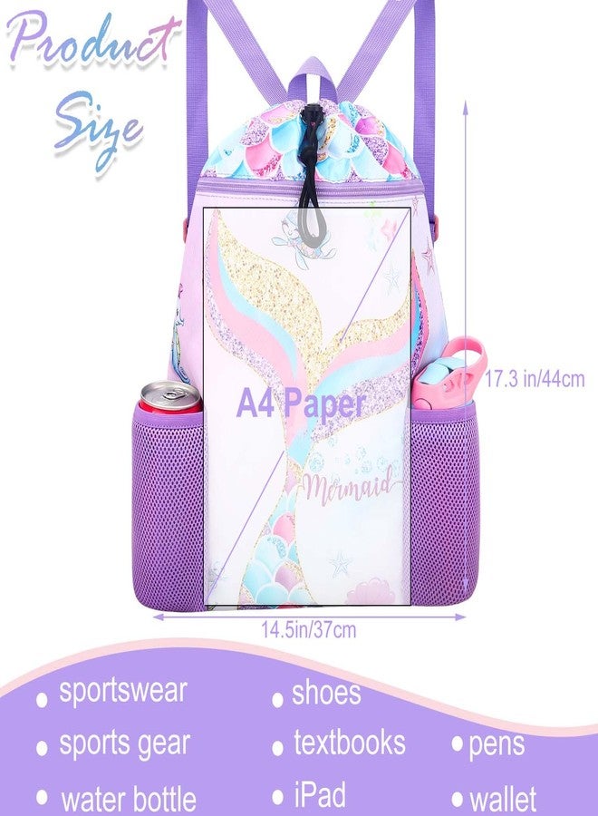 RHCPFOVR Mermaid Swim Bags for Kids - Drawstring Backpack for Girls Beach Swimming Pool Lightweight Draw String Bags Waterproof Sports Gym Bag With Two Water Bottle Holder - Image 3