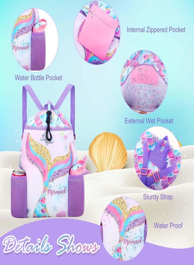 RHCPFOVR Mermaid Swim Bags for Kids - Drawstring Backpack for Girls Beach Swimming Pool Lightweight Draw String Bags Waterproof Sports Gym Bag With Two Water Bottle Holder - Image 2