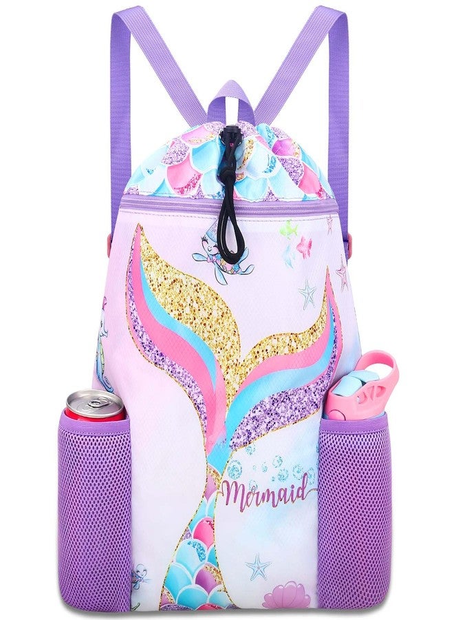 RHCPFOVR Mermaid Swim Bags for Kids - Drawstring Backpack for Girls Beach Swimming Pool Lightweight Draw String Bags Waterproof Sports Gym Bag With Two Water Bottle Holder - Image 1