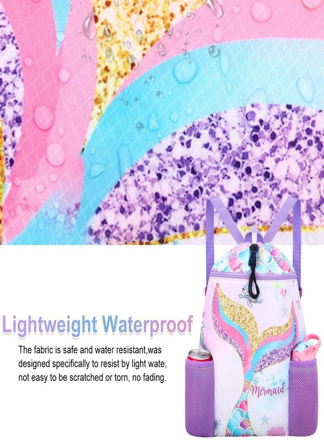 RHCPFOVR Mermaid Swim Bags for Kids - Drawstring Backpack for Girls Beach Swimming Pool Lightweight Draw String Bags Waterproof Sports Gym Bag With Two Water Bottle Holder - Image 4