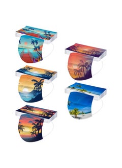 Adult Disposable Face Mask Printed with Ocean Sunset Patterned Palm Trees Patterned Face Masks Summer Beach 3Ply Breathable Fashion Face Mask Holiday Travel Full Face Cover Protection (50 Pcs, N)