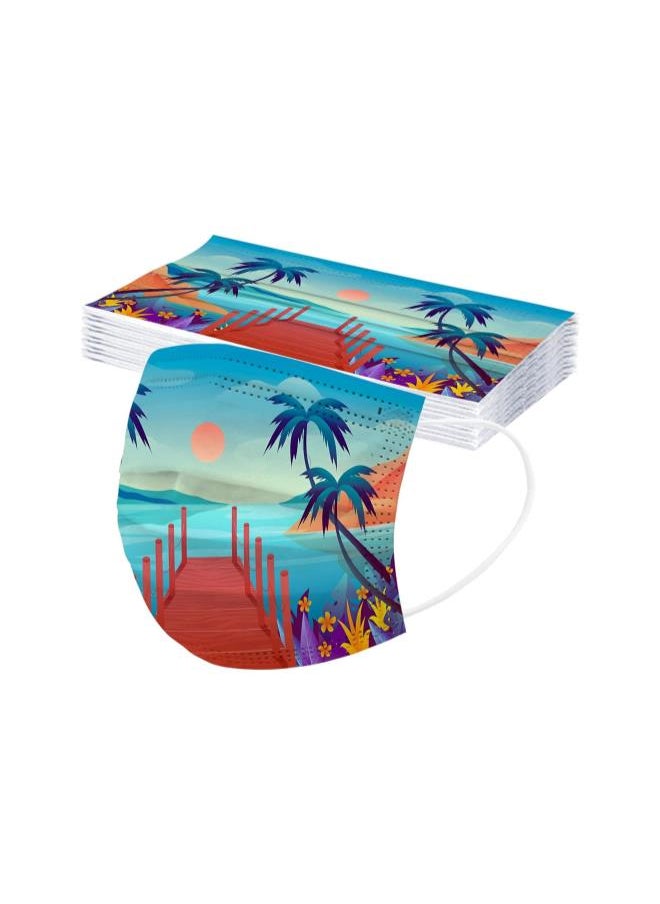 silvercnc - Adult Disposable Face Mask Printed with Ocean Sunset Patterned Palm Trees Patterned Face Masks Summer Beach 3Ply Breathable Fashion Face Mask Holiday Travel Full Face Cover Protection (50 Pcs, N) - Image 1