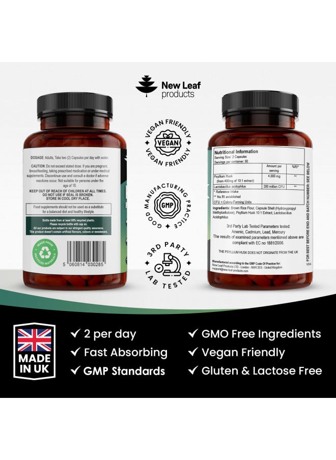 New Leaf Products - Psyllium Husk Capsules Enriched With Probiotics Fibre Supplement High Absorbency Strength Contributes Towards Gut and Digestive Health From Plantago Ovata Seeds, Ispaghula Husk, Gluten Free Made In Uk - Image 1