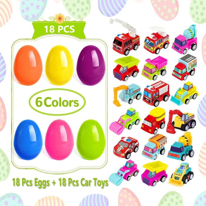 Atiger 18 PCS Easter Egg Fillers with Toys Inside, Easter Basket Stuffers for Toddlers Filled Pull Back Engineering Vehicles Plastic Eggs Party Favors for Kids Egg Hunt Gift Easter Basket Essentials - Image 3