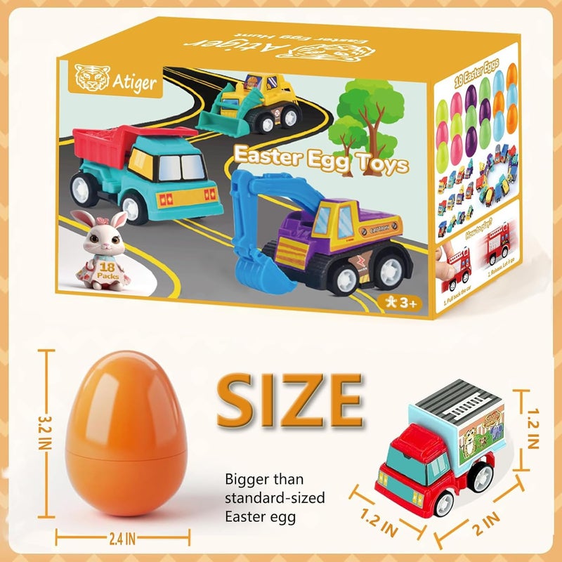Atiger 18 PCS Easter Egg Fillers with Toys Inside, Easter Basket Stuffers for Toddlers Filled Pull Back Engineering Vehicles Plastic Eggs Party Favors for Kids Egg Hunt Gift Easter Basket Essentials - Image 2
