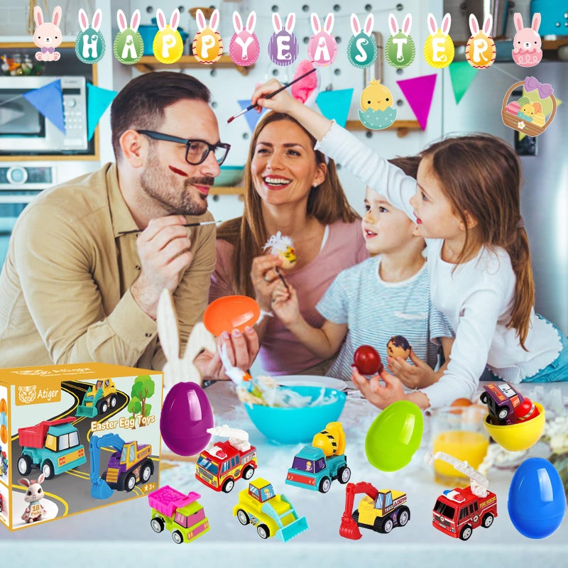 Atiger 18 PCS Easter Egg Fillers with Toys Inside, Easter Basket Stuffers for Toddlers Filled Pull Back Engineering Vehicles Plastic Eggs Party Favors for Kids Egg Hunt Gift Easter Basket Essentials - Image 5