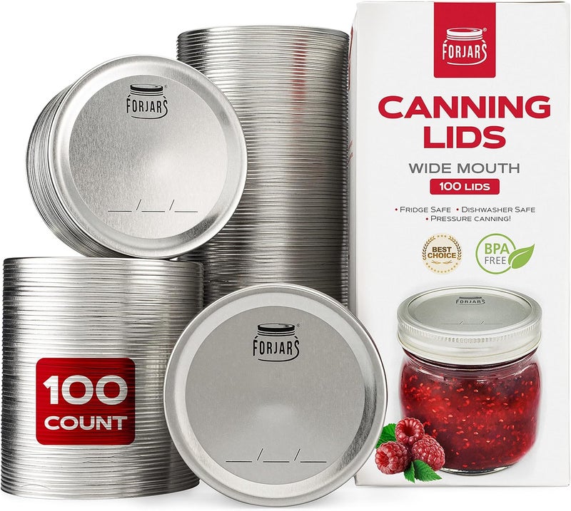 FORJARS - Wide Mouth Canning Lids, 100-Pack – Create Airtight Seals on Mason Jars to Preserve Food for Meal Prep & Emergency Food Storage – 3.4 In. Metal Lids with Silicone Seals – Canning Supplies - Image 1