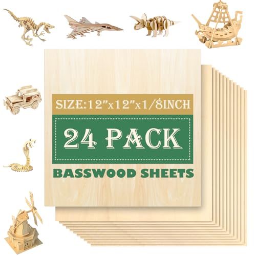 QSJQllo 24 Pack 12"x12"Basswood Sheets 1/8",3mm Basswood for Laser Cutting,3mm Plywood Unfinished Wood Craft Wood for DIY Ornaments and Models Drawing Painting Engraving Wood Burning and Laser Cutting - Image 1