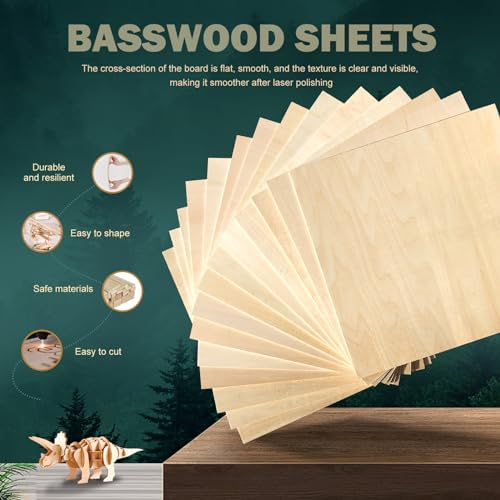 QSJQllo 24 Pack 12"x12"Basswood Sheets 1/8",3mm Basswood for Laser Cutting,3mm Plywood Unfinished Wood Craft Wood for DIY Ornaments and Models Drawing Painting Engraving Wood Burning and Laser Cutting - Image 2