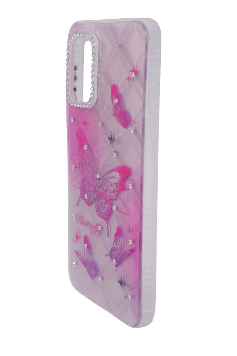 CFS TPU Butterflies Printed Back Cover Case with Rhinestone Camera Border For Samsung Galaxy A13 - Pink Transparent - Image 3