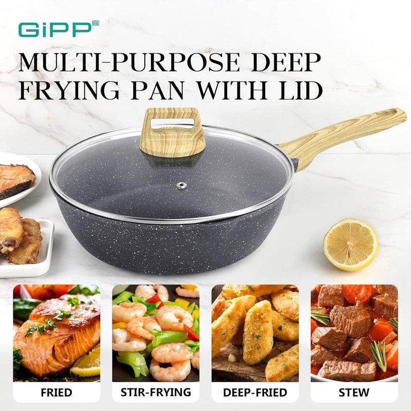 GiPP Nonstick Deep Frying Pan, 28cm Skillet Working Pan Granite Induction Cookware, Non Stick Saute Pan with Lid, PFOA PFOS APEO Free, Grey - Image 5