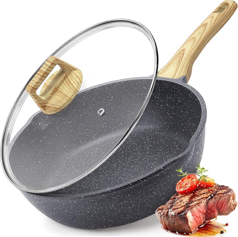 GiPP Nonstick Deep Frying Pan, 28cm Skillet Working Pan Granite Induction Cookware, Non Stick Saute Pan with Lid, PFOA PFOS APEO Free, Grey - Image 1