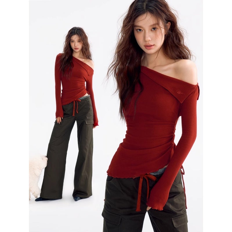 French Temperament Red Slant Shoulder Long-Sleeved T-Shirt Women'S Early Autumn A And Sough Top Thin Design Sense Drawstring T-Shirt - Image 3