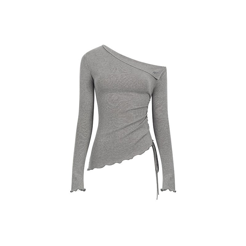 French Temperament Red Slant Shoulder Long-Sleeved T-Shirt Women'S Early Autumn A And Sough Top Thin Design Sense Drawstring T-Shirt - Image 1
