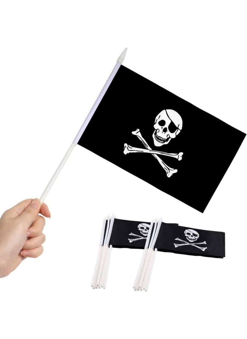 Pirate Stick Flag Jolly Roger 5x8 inch HandHeld Mini Flag with 12 White Solid Pole - Vivid Color and Fade Resistant - 5 x 8 inch Hand Held Stick Flags With Spear Top 1 Dozen
