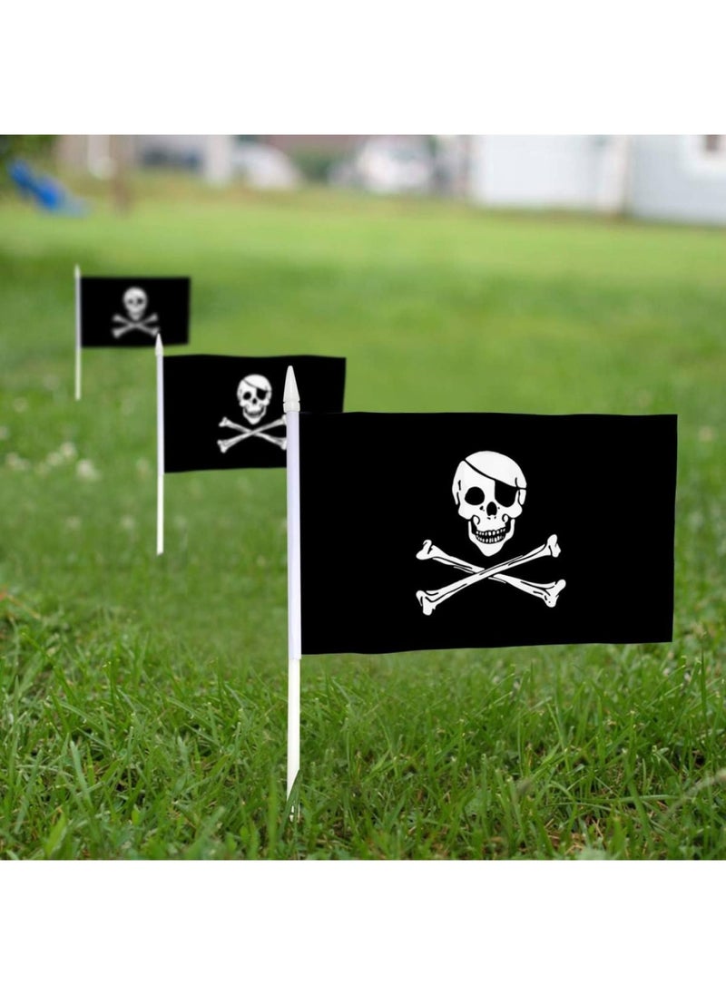 Pirate Stick Flag Jolly Roger 5x8 inch HandHeld Mini Flag with 12 White Solid Pole - Vivid Color and Fade Resistant - 5 x 8 inch Hand Held Stick Flags With Spear Top 1 Dozen