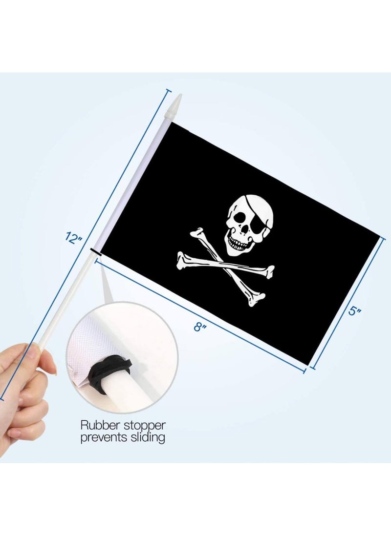 Pirate Stick Flag Jolly Roger 5x8 inch HandHeld Mini Flag with 12 White Solid Pole - Vivid Color and Fade Resistant - 5 x 8 inch Hand Held Stick Flags With Spear Top 1 Dozen