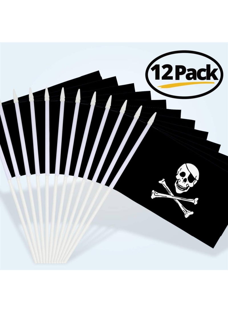 Pirate Stick Flag Jolly Roger 5x8 inch HandHeld Mini Flag with 12 White Solid Pole - Vivid Color and Fade Resistant - 5 x 8 inch Hand Held Stick Flags With Spear Top 1 Dozen